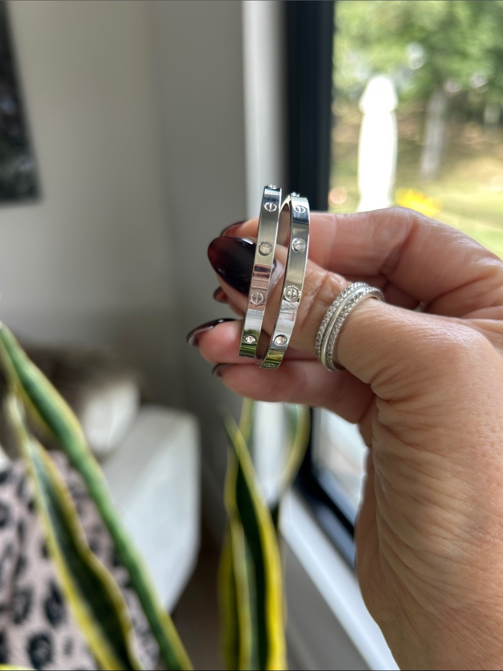 Silver Tone Hoop Earrings with Embedded Accents